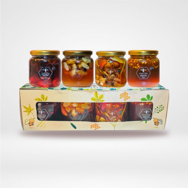 kit de mezclas infusionadas de miel, miel con ají, miel con frutos rojos, miel con frutos amarillos, miel con almendras